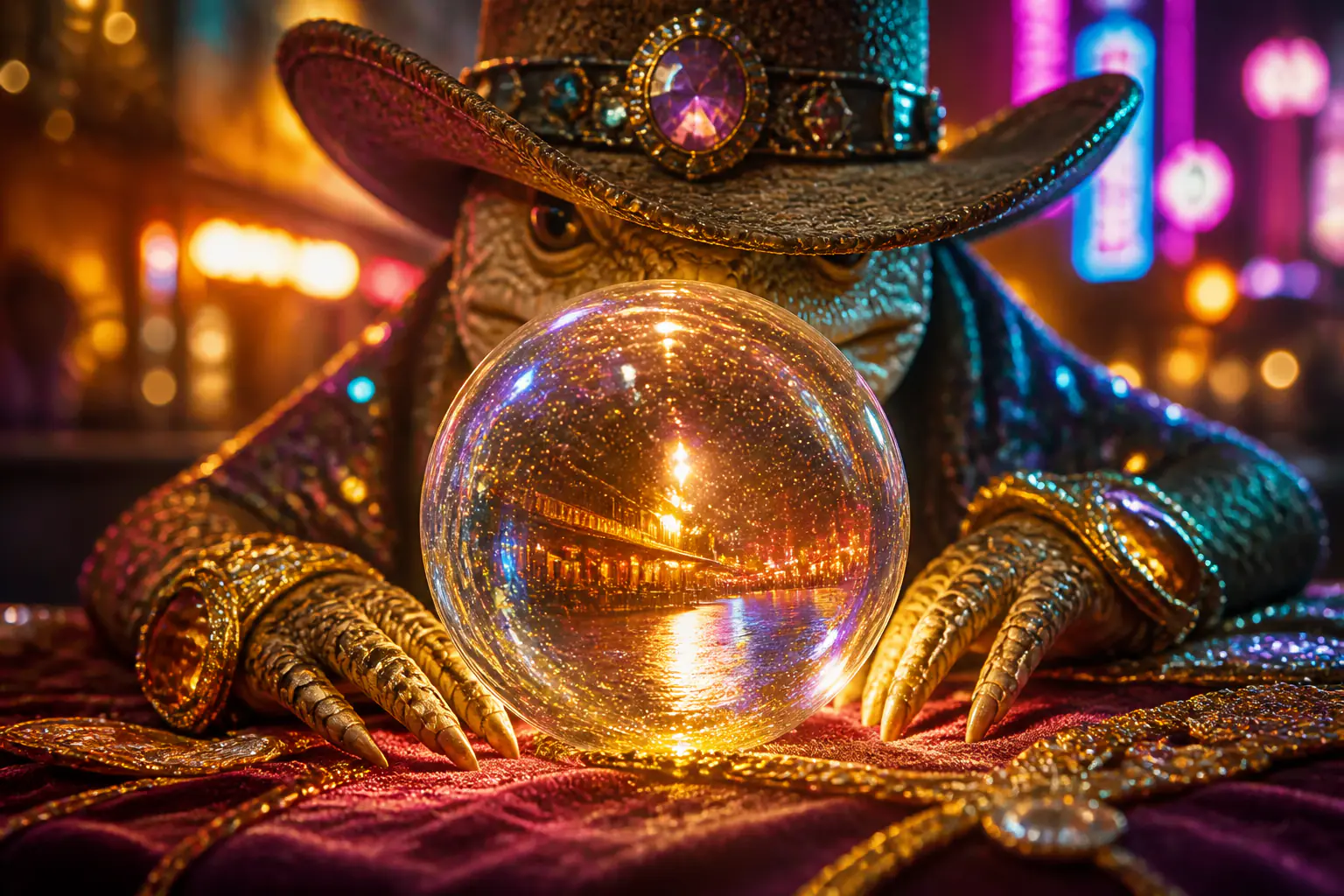 Mascotte lézard cowboy dans un saloon Far West, entourée de rouleaux de machines à sous et de jetons dorés
